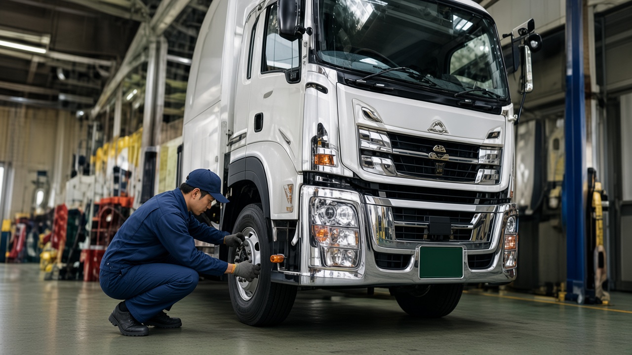 大型トラックの車検整備を行う様子